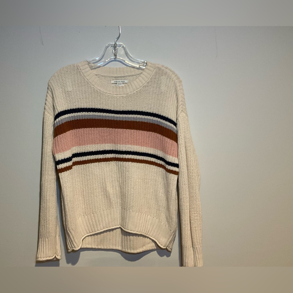 American Eagle Striped Sweater Women’s XS Cream Knit Pullover Pink Brown Navy